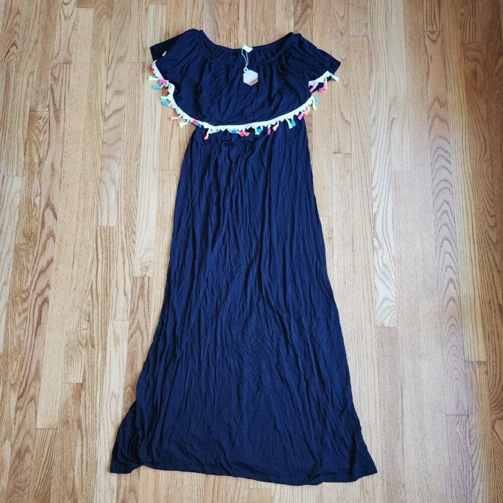 PinkBlush Maternity Short Sleeve Maxi Dress | Med | Black Tassels Fiesta NEW